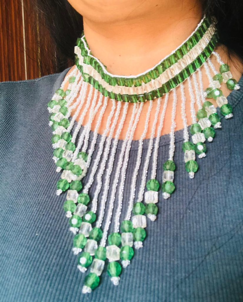 Handmade green Crystal Beaded Jewelry Set with Necklace, Bracelet and Drop Earrings, fingr ring Traditional Indian Style (green and white)