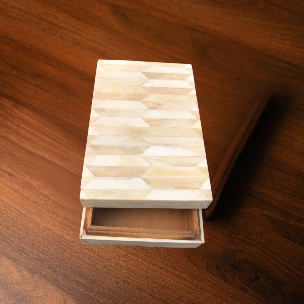 Bone and risen Inlay Decorative Jewelry Box,blue and White Geometric Pattern, Handcrafted Storage