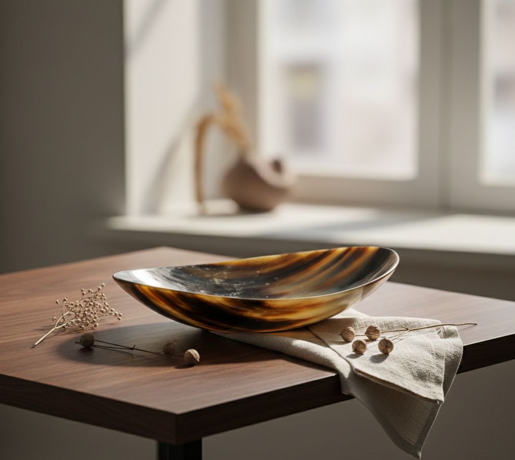 Natural Horn Bowl, Handcrafted Decorative Dish Brown and Black Striped Pattern, Organic Material